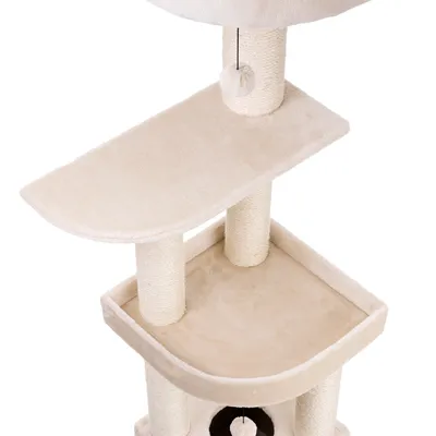 Beiger Kratzbaum mit mehreren Ebenen, Sisalstämmen und einer hängenden Spielkugel. Ideal für Katzen zum Klettern und Spielen.