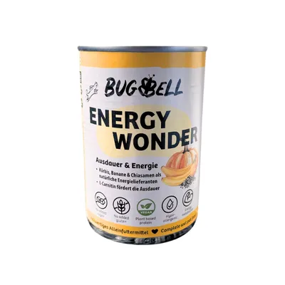 Conserve BugBell Energy Wonder, texte en anglais et allemand, icônes : sans gluten ajouté, protéines végétales, hypoallergénique, énergie. Illustration de courge, banane, graines.