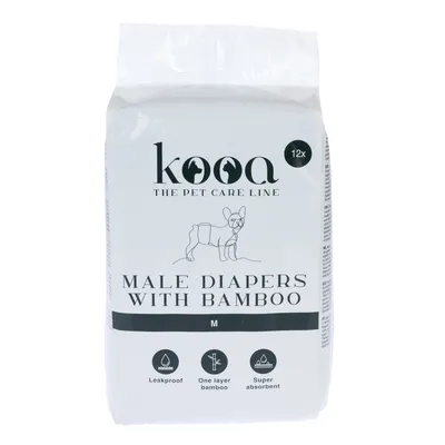 kooa THE PET CARE LINE, 12x, MALE DIAPERS WITH BAMBOO, M. Pictogrammes : étanche, une couche bambou, super absorbant. Texte en anglais.