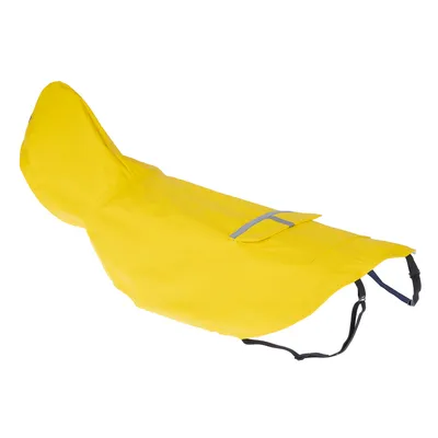Imperméable jaune pour chien avec capuche, poche sur le dos et bandes réfléchissantes, sangles réglables visibles sous le ventre.