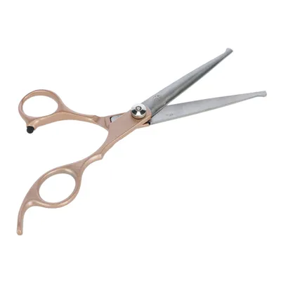Roségoldene Schere mit Edelstahlklingen, geeignet für präzises Schneiden. Ergonomisches Design mit zwei Grifföffnungen und einstellbarer Schraube.