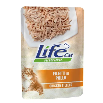 Life Cat natural, Filetti di Pollo, Chicken Fillets. Opakowanie z ilustracją filetów z kurczaka i kota.
