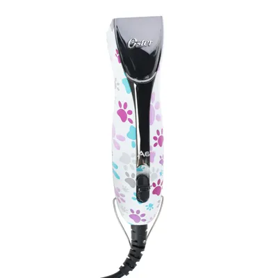 Oster A6 pet hair clipper with colourful paw pattern, ergonomic design and corded connection.