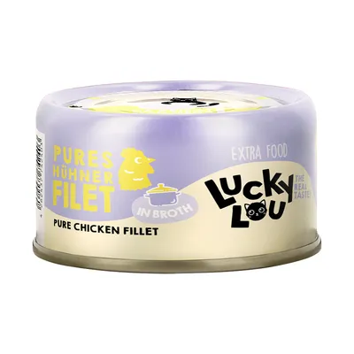 Lucky Lou Pures kycklingfilé i buljong, Extra Food, burk med kattmat.