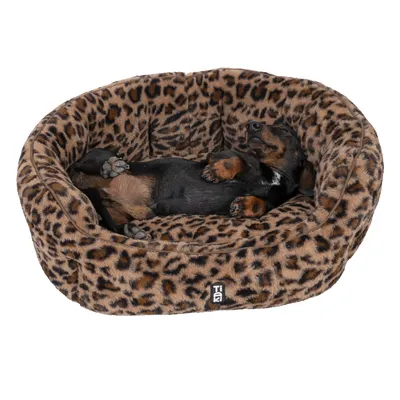 Dog lying relaxed in an oval pet bed with leopard pattern and soft padding. Visible logo: TIA.