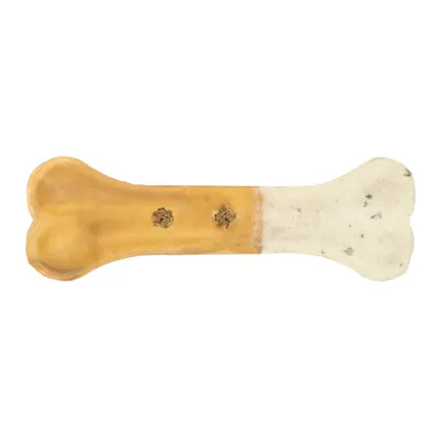 Hueso masticable con dos texturas: lado marrón de sustancia dura, lado blanco con hierbas y superficie más blanda.