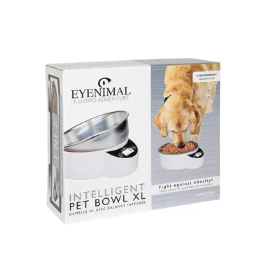 Eyenimal Intelligent Pet Bowl XL s integrovanou váhou. Balení zobrazuje psa, jak jí z misky. Upozornění: 'Fight against obesity!' a 2 roky záruka.
