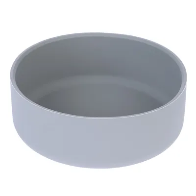 Ciotola grigia per alimenti in plastica, forma rotonda con superficie liscia.