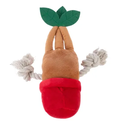 Giocattolo in peluche a forma di carota con foglia verde, base rossa e due nodi di corda come braccia.