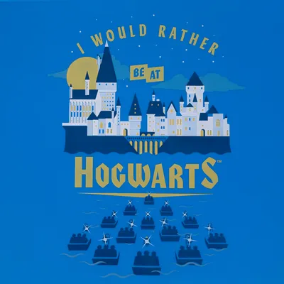 Иллюстрация Hogwarts с надписью "I would rather be at Hogwarts" и лодками на воде на переднем плане.