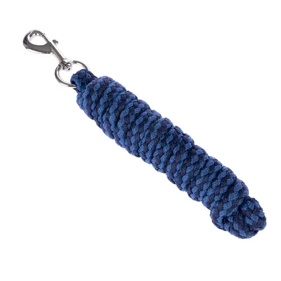 Longe tressée bleu foncé et bleu clair avec mousqueton métallique argenté, matériau corde visible, anneau en métal à l’extrémité.