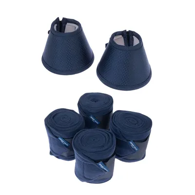 Set aus zwei blauen Hufglocken mit Wabenstruktur und vier blauen Bandagen, jeweils mit einem Label 'Harry's Horse'.