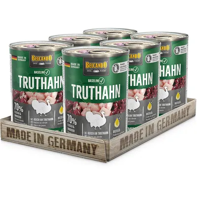 Belcando Dog Food Baseline indyk, 70% mięsa i podrobów, bogaty w indyka, z olejem z ostu. Wyprodukowano w Niemczech.