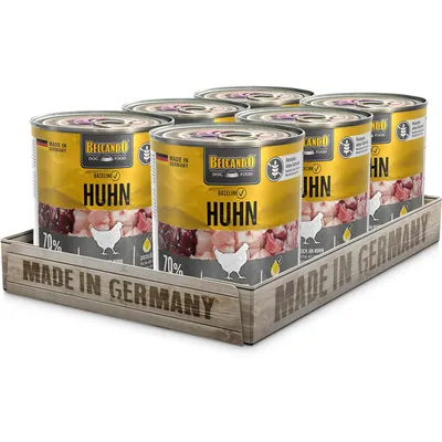 Belcando Dog Food Baseline chicken, 70% meat content, Made in Germany. Six cans on wooden tray with 'Made in Germany' label.
