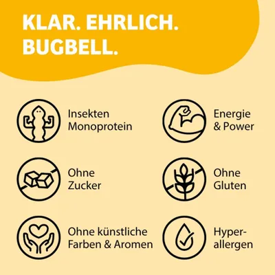 KLAR. EHRLICH. BUGBELL. Insekten Monoprotein, Energie & Power, Ohne Zucker, Ohne Gluten, Ohne künstliche Farben & Aromen, Hypoallergen. KLAR. EHRLICH. BUGBELL. Insekten Monoprotein, Energie & Power, Ohne Zucker, Ohne Gluten, Ohne künstliche Farben & Aromen, Hypoallergen.