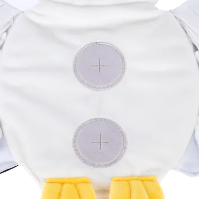Weisses Stofftier-Kostüm mit zwei grauen Kreisen und gelben Füssen, geeignet für Haustierbekleidung.