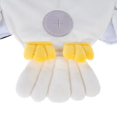 Plüschspielzeug in Form eines Vogels mit gelben Krallen und weissem Körper, Detailansicht.