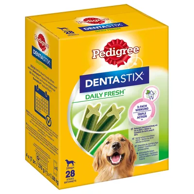 Pedigree Dentastix Daily Fresh, 28 Sticks für Hunde ab 25kg. Reduziert Zahnsteinbildung um bis zu 80%. 3-fach Wirkung: Reinigung, Frische, Zahnpflege.