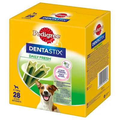Pedigree Dentastix Daily Fresh, 28 Sticks für Hunde von 5-10kg. Reduziert Zahnsteinbildung bis zu 80%. Mit 3-fach Wirkung: Reinigung, Frischer Atem, Zahngesundheit.