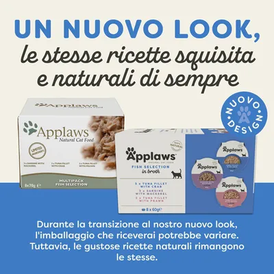 Applaws Natural Cat Food, multipack Fish Selection. Testo: Un nuovo look, le stesse ricette squisita e naturali di sempre. Durante la transizione l’imballaggio potrebbe variare.