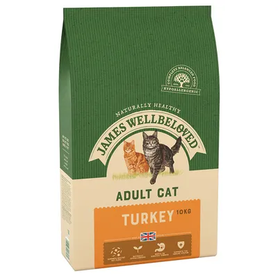 James Wellbeloved Adult Cat Turkey 10 kg tørfoder. Tekst: Naturally Healthy, Hypoallergenic, Complete Balanced Food. Britisk flag og ikoner for mave, naturlige ingredienser, urinveje.