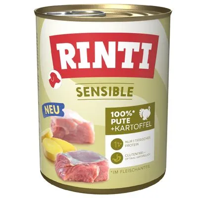 Rinti Sensible 100% Pute + Kartoffel, alleen dierlijk eiwit, glutenvrij, afbeelding van kalkoenvlees en aardappel, tekst 'NEU' zichtbaar op blik