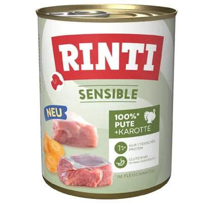 Rinti Sensible hondenvoer, 100% kalkoen met wortel, 'nur 1 tierisches protein', glutenvrij, NEU, afbeeldingen van vlees en wortel op het blik zichtbaar.