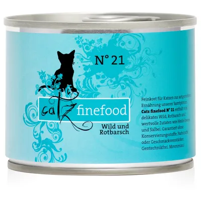 Catz finefood N° 21 Wild und Rotbarsch, blå burk med svart katt och text på tyska. Synlig produkt- och varumärkesinformation.