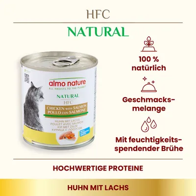 Almo Nature HFC Natural, Huhn mit Lachs. 100% natürlich, Geschmacks-Melange, mit feuchtigkeitsspendender Brühe, hochwertige Proteine.