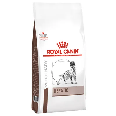 Confezione di crocchette Royal Canin Veterinary Hepatic per cani, con disegno di cane e testo visibile: 'VETERINARY NUTRITION', 'HEPATIC'.