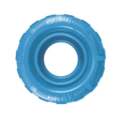 KONG blue tyre-shaped toy made of durable material, suitable for chewing and throwing games.