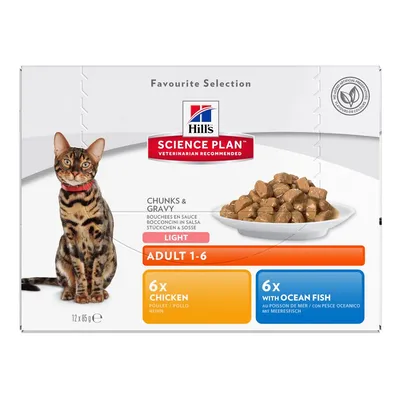 Hill's Science Plan Chunks & Gravy Light Adult 1-6, 12×85 г: 6× с пиле, 6× с океанска риба. Без изкуствени консерванти, аромати или оцветители. Котка и купа с хапки в сос.