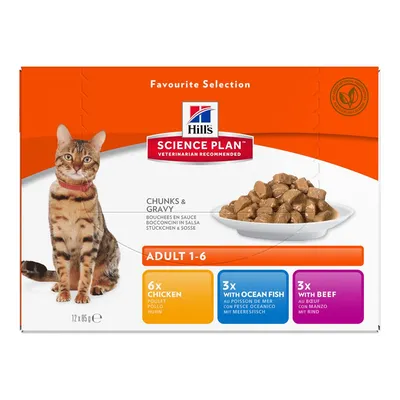 Hill's Science Plan Favourite Selection за котки Adult 1–6, 12×85 г: 6×пиле, 3×морска риба, 3×говеждо. Chunks & Gravy. Вижда се котка и купа с хапки в сос.