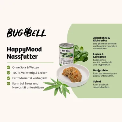BUGBELL HappyMood Nassfutter, ohne Soja & Weizen, vollwertig, fettarm, unterstützt Stressabbau. Zutaten: Ackerbohne, Kichererbse, Linsen, Leinsamen, Hanfprotein, Spinat. BUGBELL HappyMood Nassfutter, ohne Soja & Weizen, vollwertig, fettarm, unterstützt Stressabbau. Zutaten: Ackerbohne, Kichererbse, Linsen, Leinsamen, Hanfprotein, Spinat.