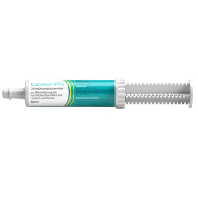 Canikur Pro, Diätergänzungsfuttermittel zur Unterstützung der natürlichen Darmflora bei Hunden und Katzen, 60 ml. Sichtbare Dosierungsskala auf Spritze.