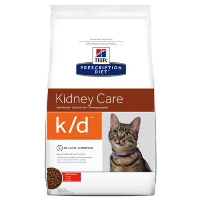 Hill's Prescription Diet k/d Kidney Care für Katzen, klinische Ernährung zur Unterstützung der Nieren- und Herzfunktion, mit Huhn. Verpackung zeigt eine Katze und Produktdetails.