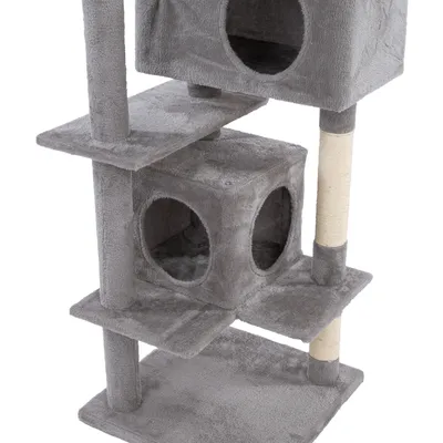Grey scratching post with two caves, multiple platforms and a sisal-wrapped scratching trunk.