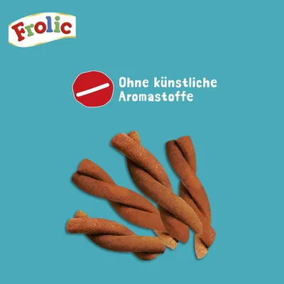 Frolic Hundesnacks, gedrehte Sticks. Hinweis: Ohne künstliche Aromastoffe.