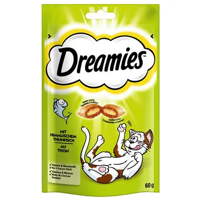 Dreamies mit himmlischem Thunfisch, außen knusprig, innen cremig, Vitamine & Mineralstoffe, nur 2 kcal pro Stück, 60g Packung.