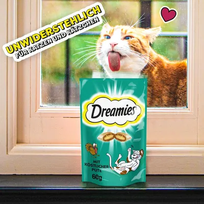 Dreamies s slastnim puranom, 60g. Nepremagljivo za mačke in mladiče. Embalaža pred oknom z mačko v ozadju.
