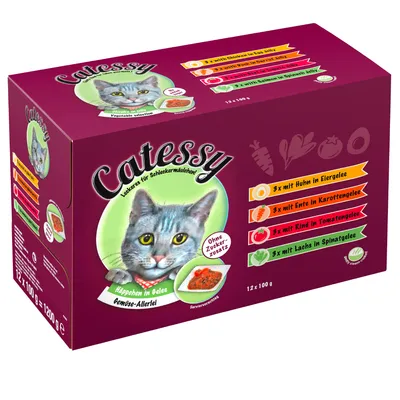 Catessy assorted wet food in jelly, 12 x 100g. Includes 3 with chicken in egg jelly, 3 with duck in carrot jelly, 3 with beef in tomato jelly, 3 with salmon in spinach jelly.