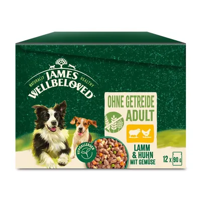 James Wellbeloved Adult comida para cães, sem cereais, cordeiro e frango com legumes, hipoalergénica, embalagem com 12 x 90 g.