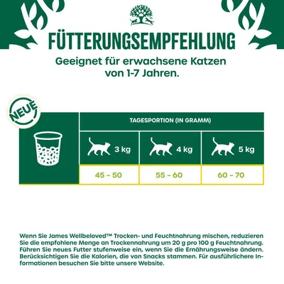 Conseils d’alimentation pour chats adultes 1–7 ans : 3 kg 45–50 g, 4 kg 55–60 g, 5 kg 60–70 g par jour. Texte en allemand sur la recommandation de portion journalière.