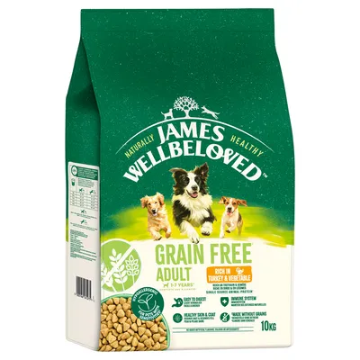 James Wellbeloved Grain Free Adult, reich an Truthahn und Gemüse, hypoallergen, leicht verdaulich, für empfindliche Hunde, 10 kg.