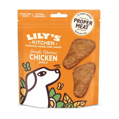 Lily's Kitchen Simply Glorious Chicken Jerky. Graanvrij recept, natuurlijke ingrediënten, Proper Meat: vers bereid, geen vleesmeel.