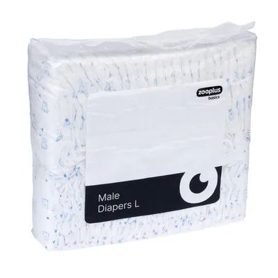 Zooplus Basics mannelijke luiers maat L, verpakking met wit design en blauwe patronen.