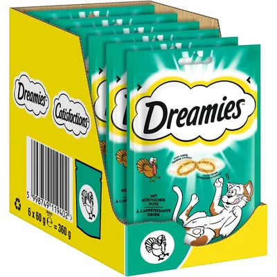 Dreamies prigrizki za mačke z okusom purana, paket 6 x 60 g, skupna teža 360 g.