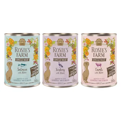 Rosie's Farm Single Meat Nassfutter für Hunde: Sorten Lachs mit Reis, Truthahn mit Reis, Lamm mit Reis. 395g Dosen, angepasst an empfindliche Hunde. Ohne künstliche Zusätze.