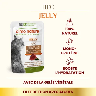 almo nature HFC Jelly filet de thon avec algues pour chat adulte, 100 % naturel, mono-protéine, booste l’hydratation, avec de la gelée végétale. Texte en anglais et italien visible.