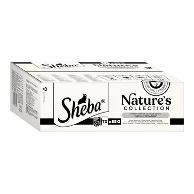 Sheba Nature's Collection, 72 x 85g, mixed selection in sauce. Recycling symbol visible on packaging.